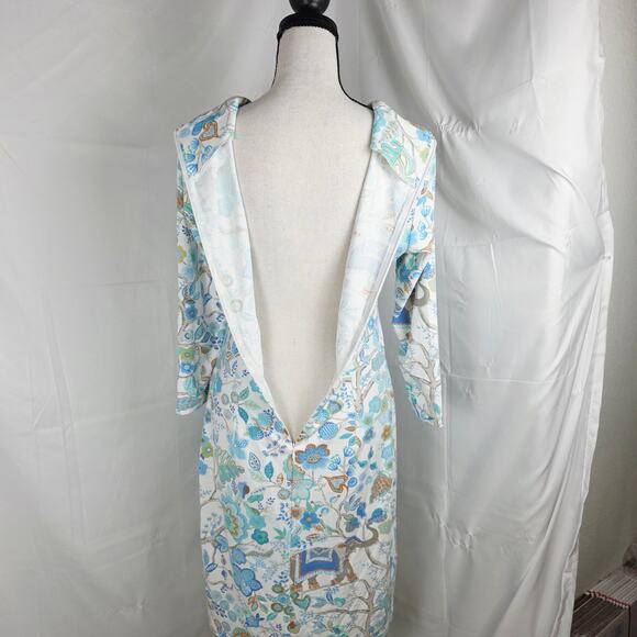 J.McLaughlin Dress Women XS White Blue Floral Long Sleeve A-Line Midi Retro - Picture 5 of 9
